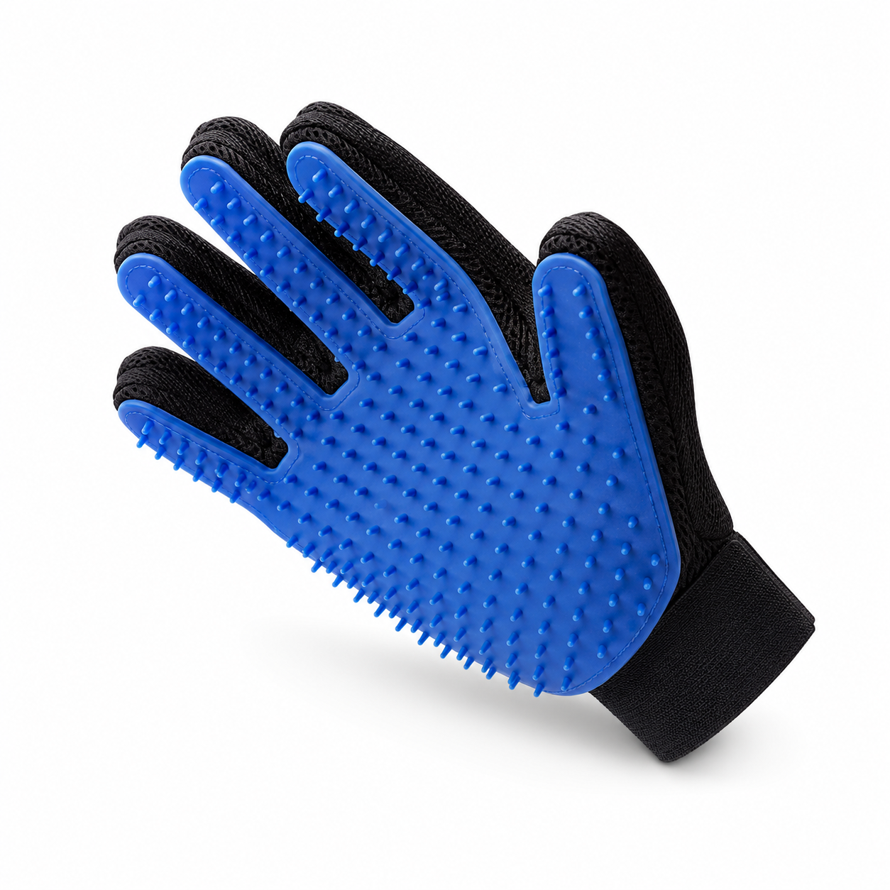 Silicone grooming glove removing loose fur from a dog's coat