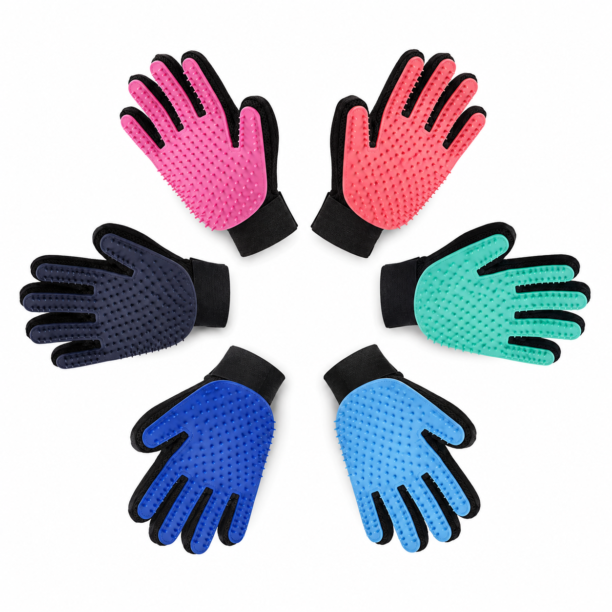 Loose pet fur collected across the silicone grooming glove