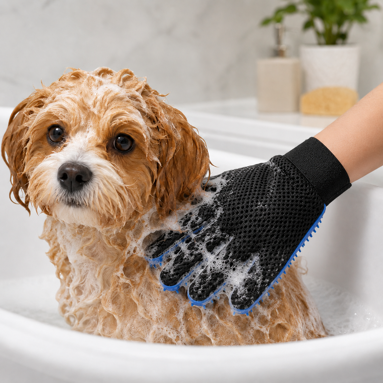 Dog and cat grooming glove used during bath time