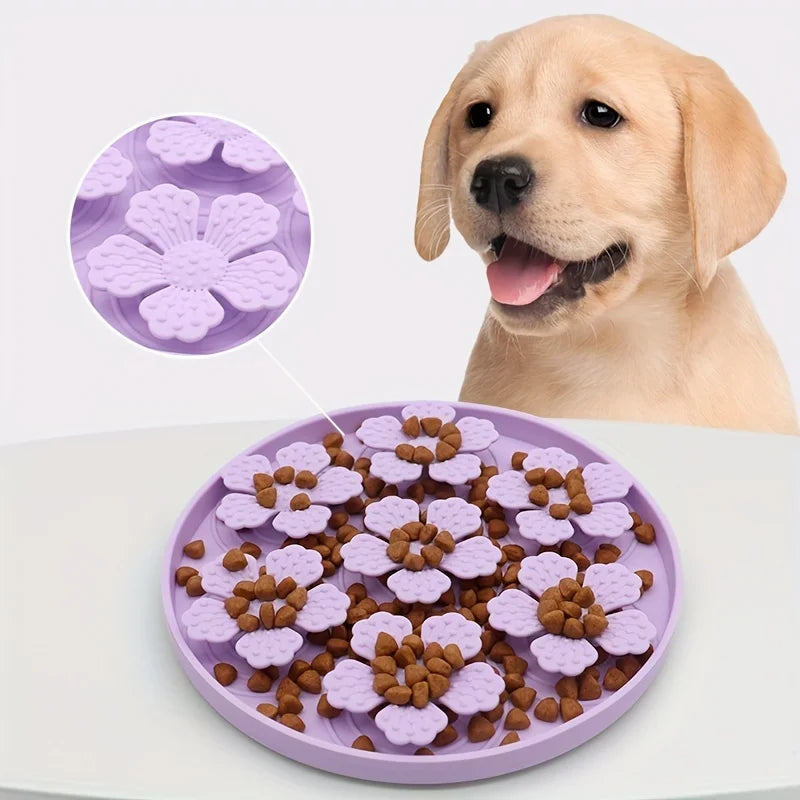Purple slow feeder mat filled with dry dog food